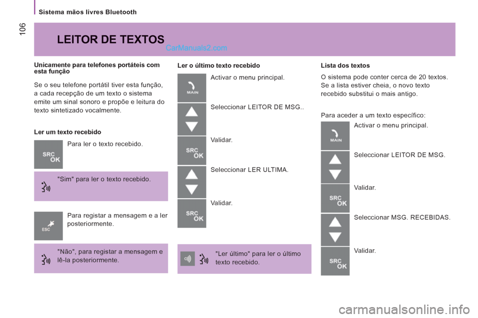 Peugeot Boxer 2013  Manual do proprietário (in Portuguese) 106
   
Sistema mãos livres Bluetooth  
  Se o seu telefone portátil tiver esta função, 
a cada recepção de um texto o sistema 
emite um sinal sonoro e propõe e leitura do 
texto sintetizado vo