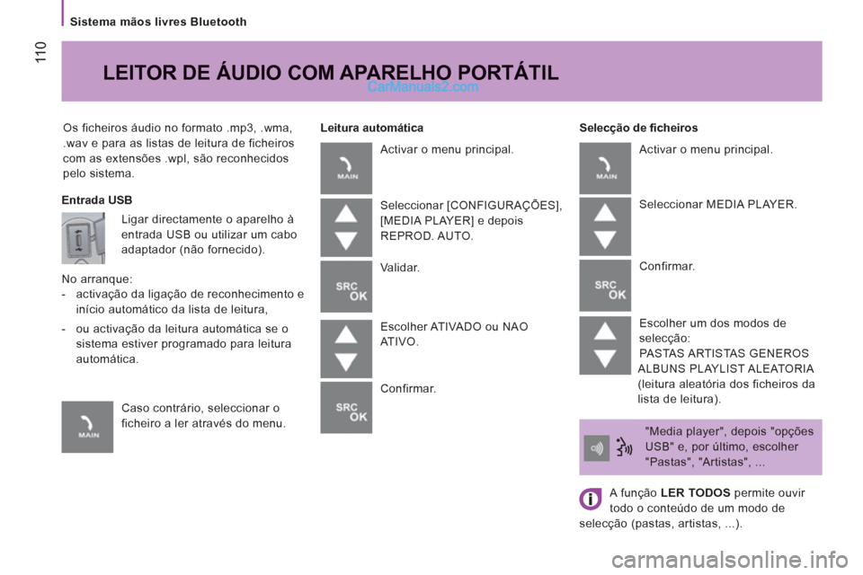 Peugeot Boxer 2013  Manual do proprietário (in Portuguese)  11
0
   
Sistema mãos livres Bluetooth  
  Os ficheiros áudio no formato .mp3, .wma, 
.wav e para as listas de leitura de ficheiros 
com as extensões .wpl, são reconhecidos 
pelo sistema.     
Se