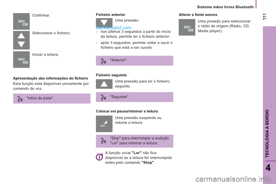 Peugeot Boxer 2013  Manual do proprietário (in Portuguese) Sistema mãos livres Bluetooth
111111
4
TECNOLOGIA A BORDO
   
Apresentação das informações do ficheiro    
Ficheiro anterior 
  Confirmar. 
   
Colocar em pausa/retomar a leitura    
Ficheiro seg