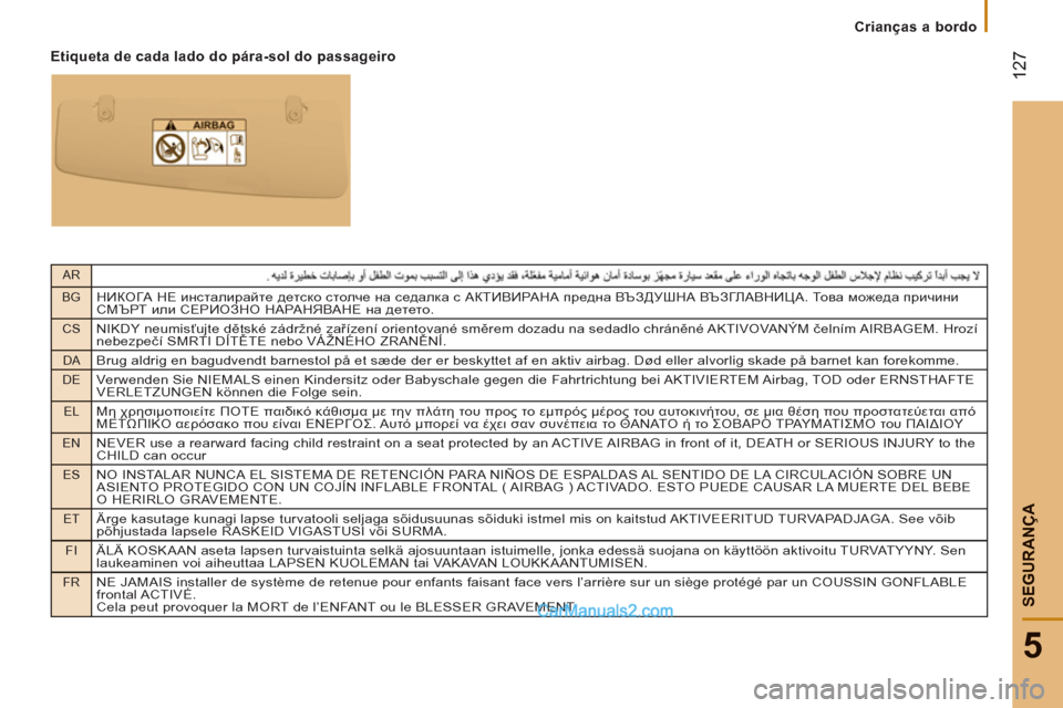 Peugeot Boxer 2013  Manual do proprietário (in Portuguese) AR
BG
НИКОГА НЕ инсталирайте детско столче на седалка с АКТИВИРАНА предна ВЪЗДУШНА ВЪЗГЛАВНИЦА. То в а можеда п