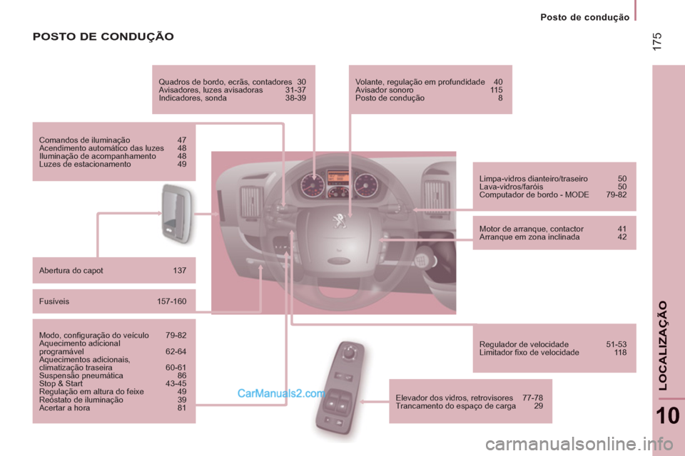 Peugeot Boxer 2013  Manual do proprietário (in Portuguese) 17
5
   
 
Posto de condução
10
LOCALIZA
ÇÃO
POSTO DE CONDUÇÃO
 
 
Quadros de bordo, ecrãs, contadores  30 
  Avisadores, luzes avisadoras  31-37 
  Indicadores, sonda  38-39  
   
Comandos de 