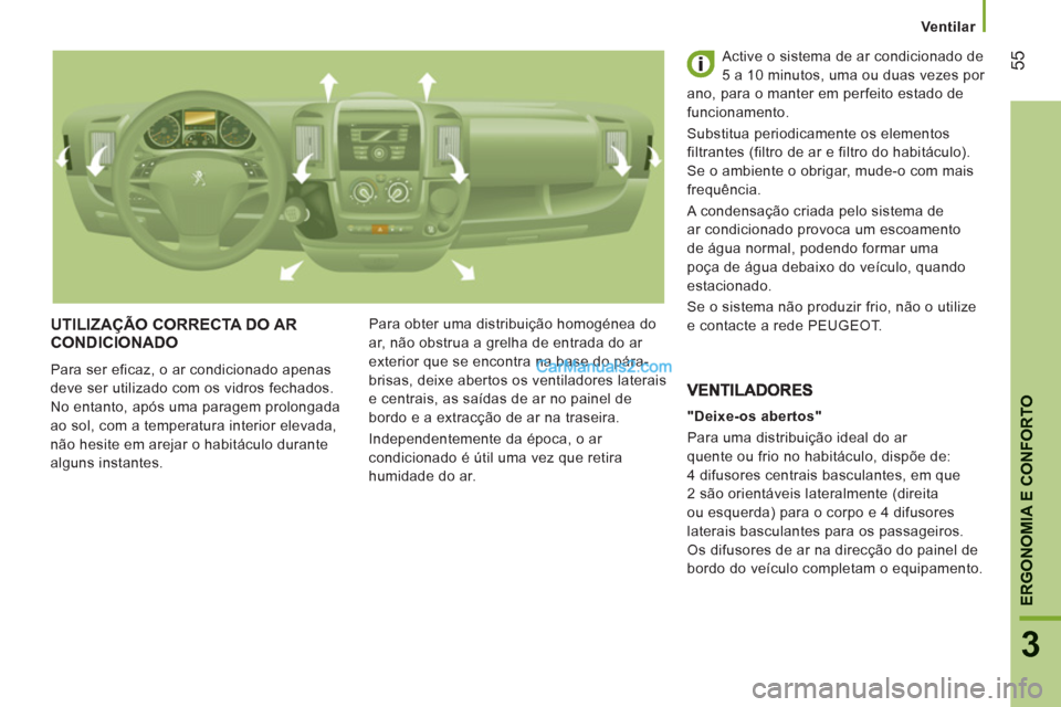Peugeot Boxer 2013  Manual do proprietário (in Portuguese) 55
3
ERGONOMIA E CONFORTO
   
 
Ventilar  
 
UTILIZAÇÃO CORRECTA DO ARCONDICIONADO 
 
Para ser eficaz, o ar condicionado apenas 
deve ser utilizado com os vidros fechados. 
No entanto, após uma par