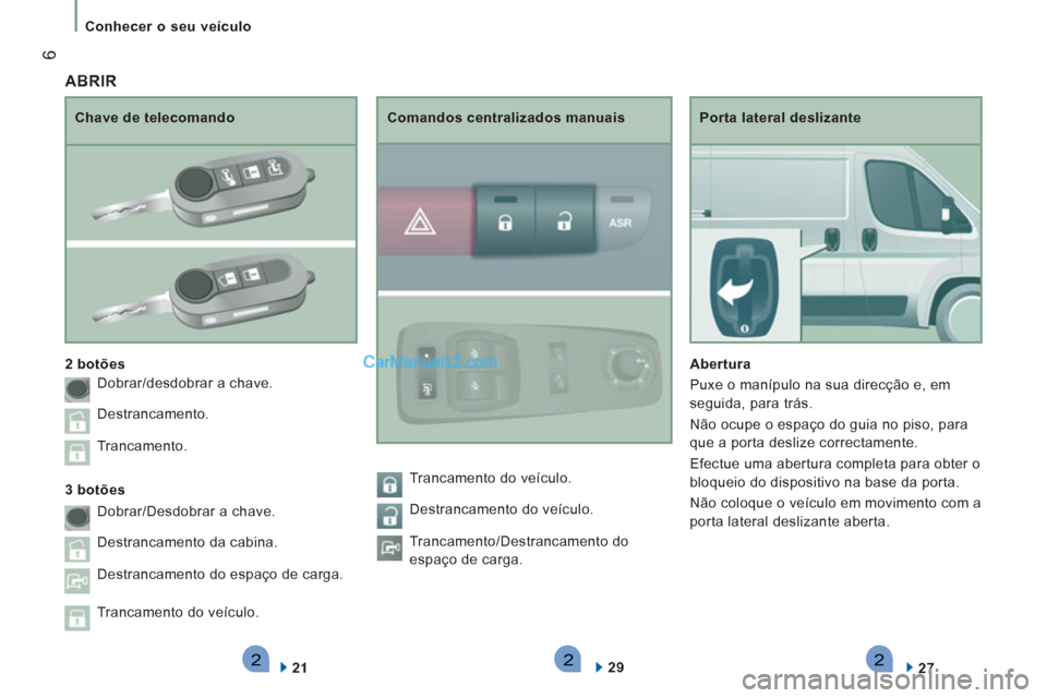 Peugeot Boxer 2013 Manual do proprietário (in Portuguese) 222
6
Conhecer o seu veículo
Porta lateral deslizante
Abertura
Puxe o manípulo na sua direcção e, em
seguida, para trás.
Não ocupe o espaço do guia no piso, para
que a porta d Peugeot Boxer 2013 Manual do proprietário (in Portuguese) 222
6
Conhecer o seu veículo
Porta lateral deslizante
Abertura
Puxe o manípulo na sua direcção e, em
seguida, para trás.
Não ocupe o espaço do guia no piso, para
que a porta d