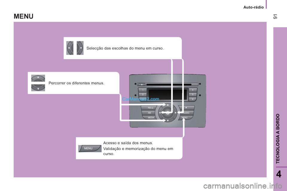 Peugeot Boxer 2013  Manual do proprietário (in Portuguese)    
 
Auto-rádio
91
4
TECNOLOGIA A BORDO
 
 
Acesso e saída dos menus. 
  Validação e memorização do menu em 
curso.  
     
Percorrer os diferentes menus.      
 
Selecção das escolhas do men