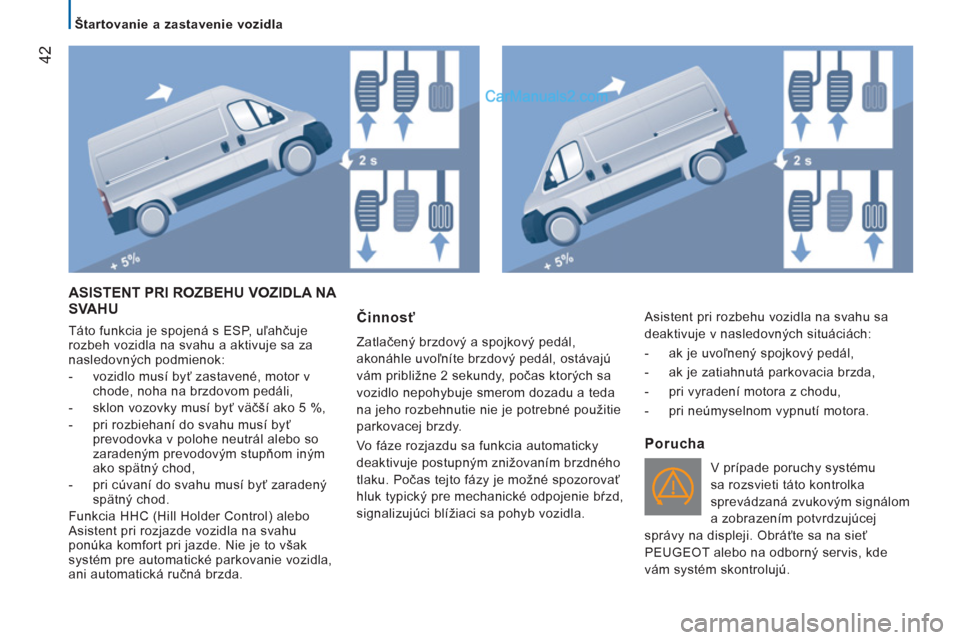 Peugeot Boxer 2013  Užívateľská príručka (in Slovak) 42
   
 
Štartovanie a zastavenie vozidla  
 
 
ASISTENT PRI ROZBEHU VOZIDLA NA 
SVAHU 
  Táto funkcia je spojená s ESP, uľahčuje 
rozbeh vozidla na svahu a aktivuje sa za 
nasledovných podmieno