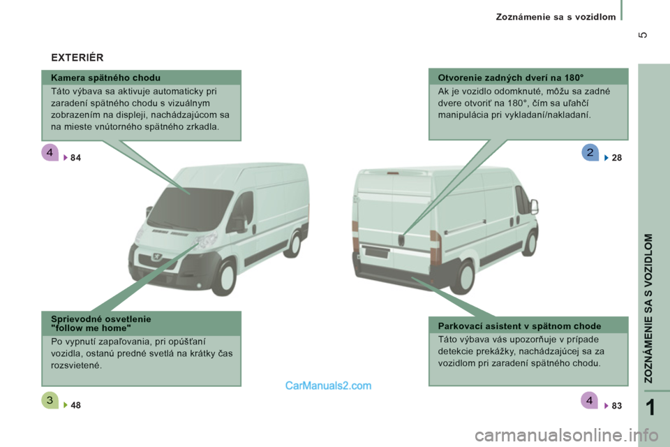 Peugeot Boxer 2013  Užívateľská príručka (in Slovak) 4
34
2
1
ZOZNÁMENIE SA S VOZIDLO
M
5
   
 
Zoznámenie sa s vozidlom  
 
 
 
Kamera spätného chodu
 
Táto výbava sa aktivuje automaticky pri 
zaradení spätného chodu s vizuálnym 
zobrazením 