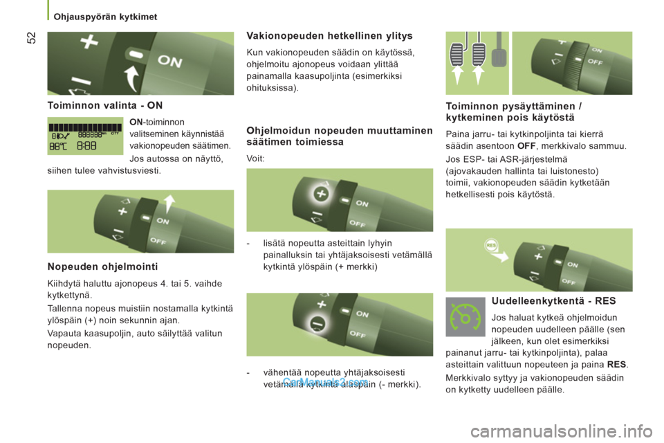 Peugeot Boxer 2013 Omistajan käsikirja (in Finnish) 52
Toiminnon valinta - ON
ON -toiminnon
valitseminen käynnistää
vakionopeuden säätimen.
Jos autossa on näyttö,
siihen tulee vahvistusviesti.
Nopeuden ohjelmointi
Kiihdyt Peugeot Boxer 2013 Omistajan käsikirja (in Finnish) 52
Toiminnon valinta - ON
ON -toiminnon
valitseminen käynnistää
vakionopeuden säätimen.
Jos autossa on näyttö,
siihen tulee vahvistusviesti.
Nopeuden ohjelmointi
Kiihdyt