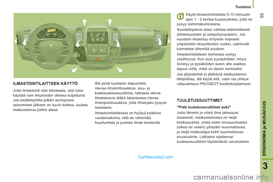 Peugeot Boxer 2013 Omistajan käsikirja (in Finnish) 55
3
ERGONOMI
A ja MUKAVUU
S
Tuuletus
ILMASTOINTILAITTEEN KÄYTTÖ
Jotta ilmastointi olisi tehokasta, sitä tulee
käyttää vain ikkunoiden ollessa suljettuina.
Jos sisälämpötila pitkän Peugeot Boxer 2013 Omistajan käsikirja (in Finnish) 55
3
ERGONOMI
A ja MUKAVUU
S
Tuuletus
ILMASTOINTILAITTEEN KÄYTTÖ
Jotta ilmastointi olisi tehokasta, sitä tulee
käyttää vain ikkunoiden ollessa suljettuina.
Jos sisälämpötila pitkän