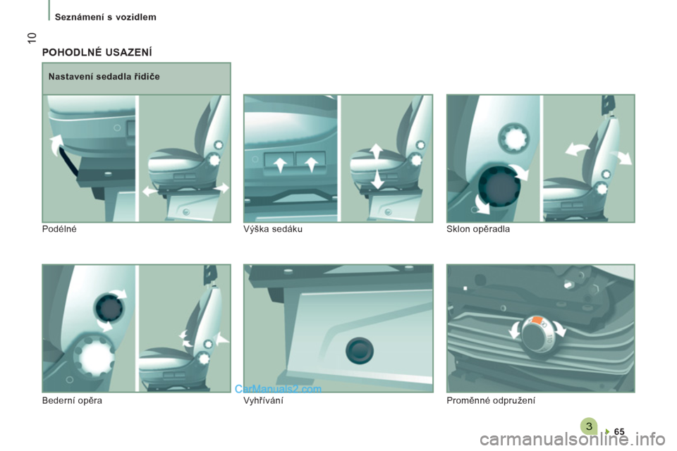 Peugeot Boxer 2013 Návod k obsluze (in Czech) 3
10
Seznámení s vozidlem
POHODLNÉ USAZENÍ
65
Nastavení sedadla řidiče
Podélné Výška sedáku Sklon opěradla
Bederní opěra Vyhřívání Proměnné odpružení Peugeot Boxer 2013 Návod k obsluze (in Czech) 3
10
Seznámení s vozidlem
POHODLNÉ USAZENÍ
65
Nastavení sedadla řidiče
Podélné Výška sedáku Sklon opěradla
Bederní opěra Vyhřívání Proměnné odpružení