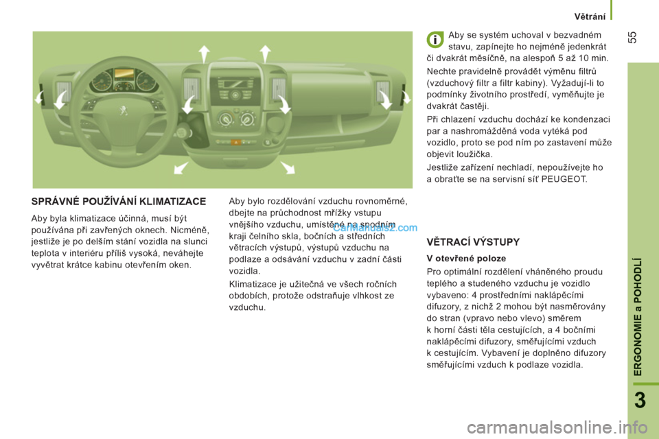 Peugeot Boxer 2013 Návod k obsluze (in Czech) 55
3
ERGONOMIE
a POHODL
Í
Větrání
SPRÁVNÉ POUŽÍVÁNÍ KLIMATIZACE
Aby byla klimatizace účinná, musí být
používána při zavřených oknech. Nicméně,
jestliže je po delším stán Peugeot Boxer 2013 Návod k obsluze (in Czech) 55
3
ERGONOMIE
a POHODL
Í
Větrání
SPRÁVNÉ POUŽÍVÁNÍ KLIMATIZACE
Aby byla klimatizace účinná, musí být
používána při zavřených oknech. Nicméně,
jestliže je po delším stán
