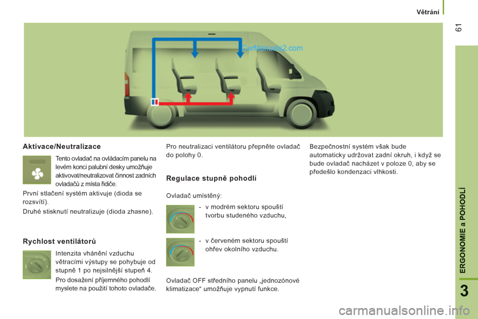 Peugeot Boxer 2013 Návod k obsluze (in Czech) 61
3
ERGONOMIE
a POHODL
Í
Větrání
Aktivace/Neutralizace
Tento ovladač na ovládacím panelu na
levém konci palubní desky umožňuje
aktivovat/neutralizovat činnost zadních
ovladačů Peugeot Boxer 2013 Návod k obsluze (in Czech) 61
3
ERGONOMIE
a POHODL
Í
Větrání
Aktivace/Neutralizace
Tento ovladač na ovládacím panelu na
levém konci palubní desky umožňuje
aktivovat/neutralizovat činnost zadních
ovladačů