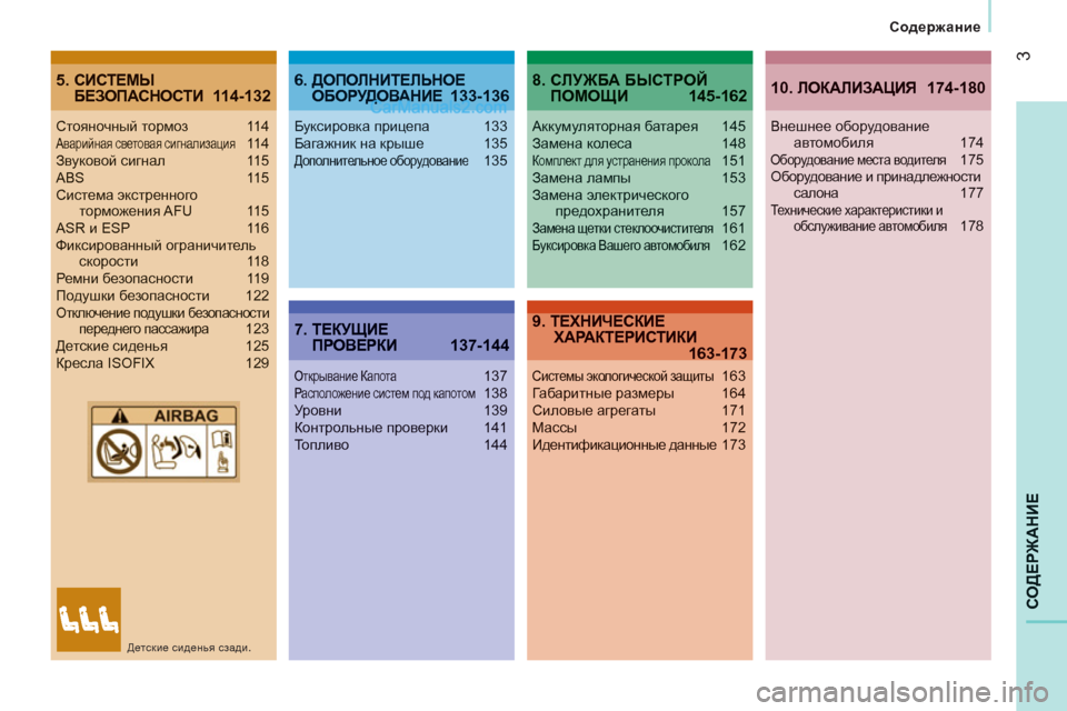 Peugeot Boxer 2013  Инструкция по эксплуатации (in Russian) 3
СО
ДЕРЖАНИЕ
   
Содержание
5.  СИСТЕМЫБЕЗОПАСНОСТИ 114-1326.  ДОПОЛНИТЕЛЬНОЕ ОБОРУДОВАНИЕ 133-136
7.  ТЕКУЩИЕПРОВЕРКИ 