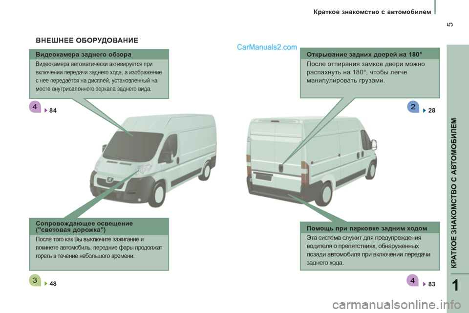 Peugeot Boxer 2013  Инструкция по эксплуатации (in Russian) 4
34
2
1
КРАТКОЕ ЗНАКОМСТВО С АВТОМОБИЛЕ
М
5
 
 
 
Краткое знакомство с автомобилем
   
Видеокамера заднего обзора 
 
