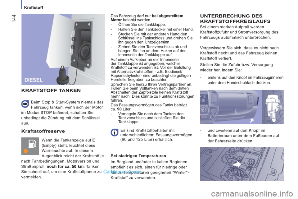 Peugeot Boxer 2012.5  Betriebsanleitung (in German)    
 
Kraftstoff  
 
144
 
 
Kraftstoffreserve 
 
Wenn die Tankanzeige auf  E  
(Empty) steht, leuchtet diese 
Warnleuchte auf. In diesem 
Augenblick reicht der Kraftstoff je 
nach Fahrbedingungen, Mo