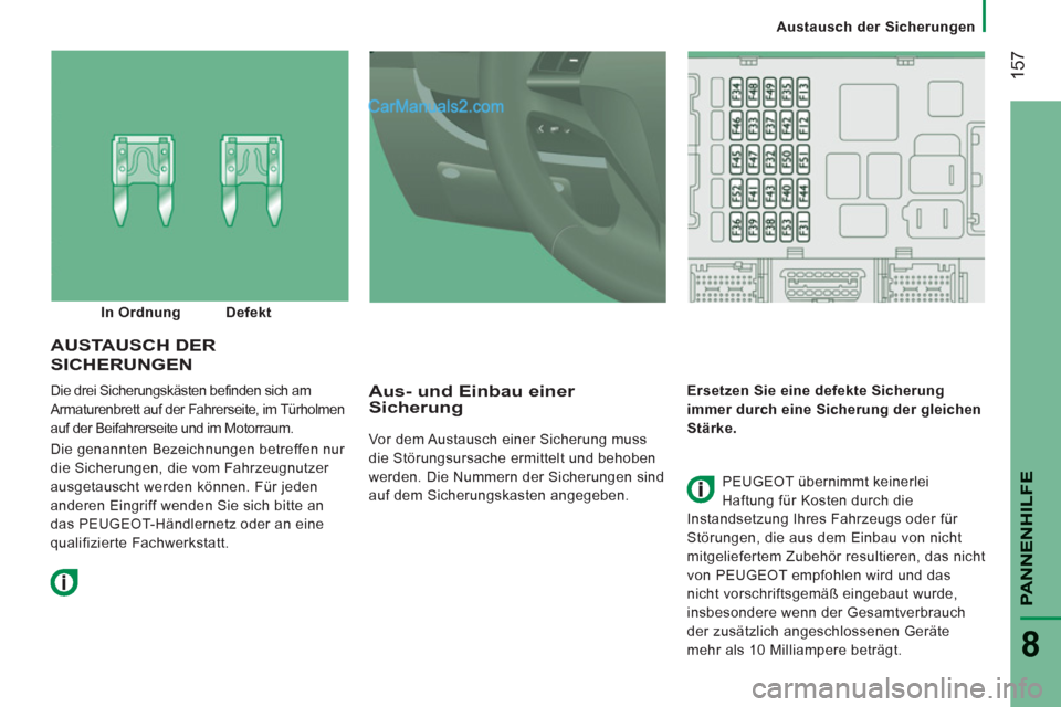 Peugeot Boxer 2012.5 Betriebsanleitung (in German) Austausch der Sicherungen
157
PANNENHILF
E
8
Die drei Sicherungskästen befinden sich am
Armaturenbrett auf der Fahrerseite, im Türholmen
auf der Beifahrerseite und im Motorraum.
Die genannten Peugeot Boxer 2012.5 Betriebsanleitung (in German) Austausch der Sicherungen
157
PANNENHILF
E
8
Die drei Sicherungskästen befinden sich am
Armaturenbrett auf der Fahrerseite, im Türholmen
auf der Beifahrerseite und im Motorraum.
Die genannten