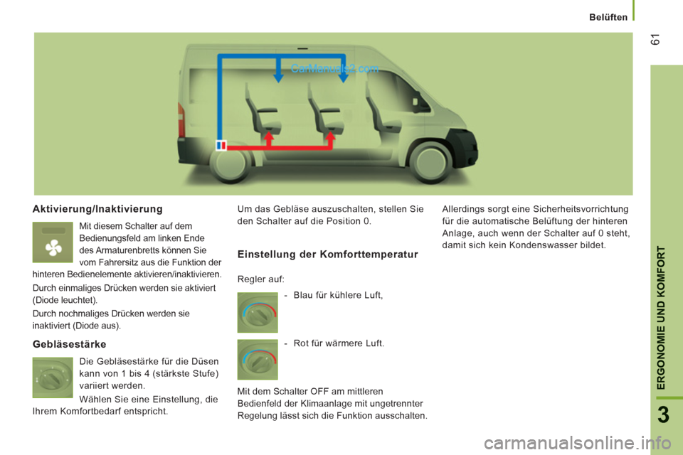 Peugeot Boxer 2012.5  Betriebsanleitung (in German)    
 
Belüften
61
ERGONOMIE UND KOMFOR
T
3
Aktivierung/Inaktivierung
 Mit diesem Schalter auf dem 
Bedienungsfeld am linken Ende 
des Armaturenbretts können Sie 
vom Fahrersitz aus die Funktion der 