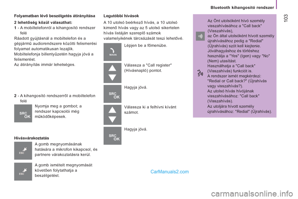 Peugeot Boxer 2012.5  Kezelési útmutató (in Hungarian) 103
   
Bluetooth kihangosító rendszer  
   
Folyamatban lévő beszélgetés átirányítása 
   
2 lehetőség közül választhat:  
   
1  
-  A mobiltelefonról a kihangosító rendszer 
felé