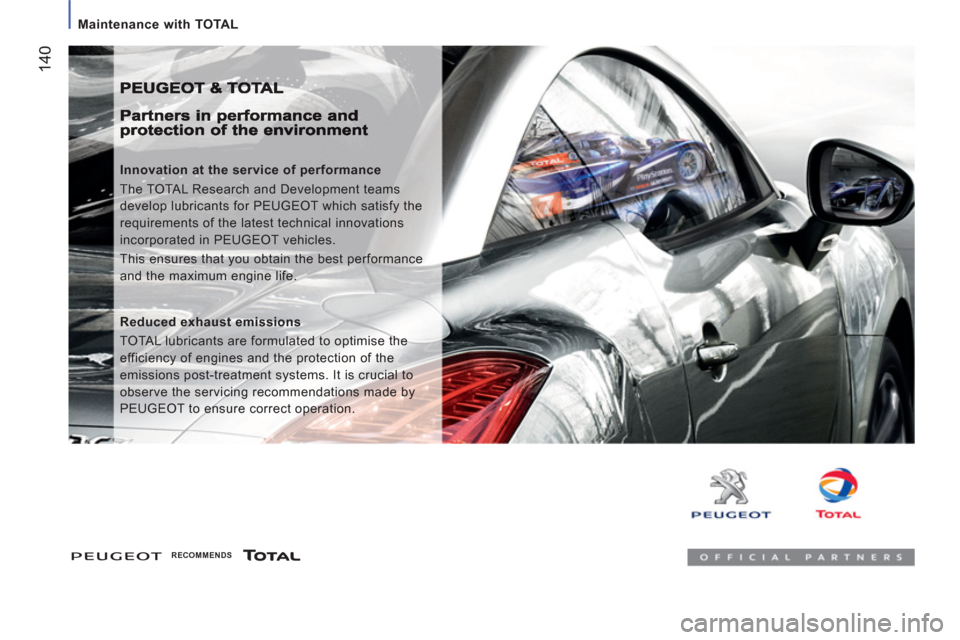 Peugeot Boxer 2012  Owners Manual 14
0
   
 
Maintenance with TOTAL 
 
 
Innovation at the service of performance 
  The TOTAL Research and Development teams 
develop lubricants for PEUGEOT which satisfy the 
requirements of the lates