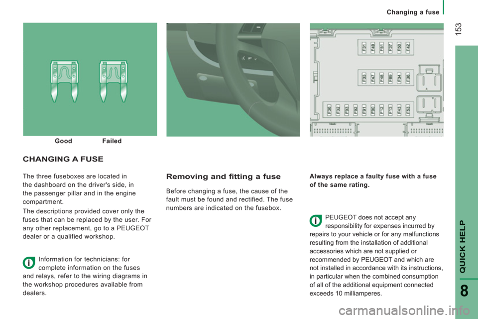 Peugeot Boxer 2012  Owners Manual 153
QUICK HELP
8
Changing a fuse
  The three fuseboxes are located in 
the dashboard on the drivers side, in 
the passenger pillar and in the engine 
compartment. 
  The descriptions provided cover o