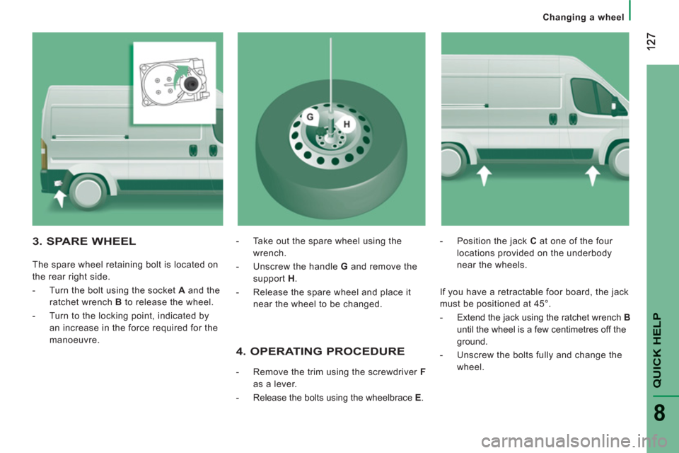 Peugeot Boxer 2012 Owners Manual - RHD (UK, Australia) QUICK HEL
P
8
Changing a wheel
4. OPERATING PROCEDURE
- Remove the trim using the screwdriver F
as a lever.
- Release the bolts using the wheelbrace E
.
- Position the Peugeot Boxer 2012 Owners Manual - RHD (UK, Australia) QUICK HEL
P
8
Changing a wheel
4. OPERATING PROCEDURE
- Remove the trim using the screwdriver F
as a lever.
- Release the bolts using the wheelbrace E
.
- Position the