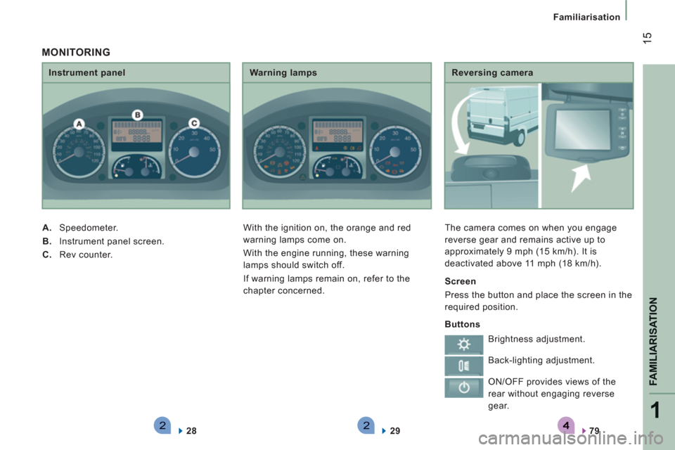 Peugeot Boxer 2012  Owners Manual - RHD (UK, Australia) 221
FAMILIARISATION
15
Familiarisation
   
Reversing camera 
  The camera comes on when you engage 
reverse gear and remains active up to 
approximately 9 mph (15 km/h). It is 
deactivated above 11 mp