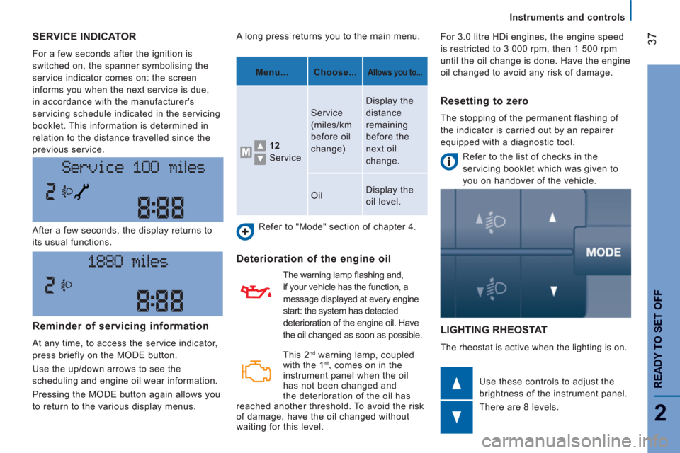 Peugeot Boxer 2012  Owners Manual - RHD (UK, Australia) 37
2
READY TO SET OFF
Instruments and controls
SERVICE INDICATOR
  For a few seconds after the ignition is 
switched on, the spanner symbolising the 
service indicator comes on: the screen 
informs yo