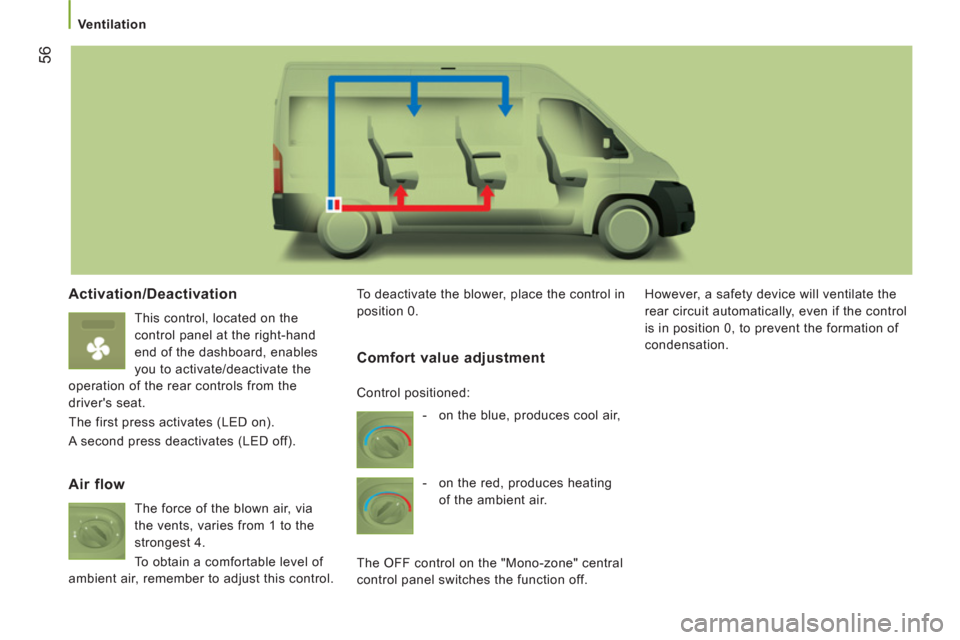Peugeot Boxer 2012 Owners Manual - RHD (UK, Australia) 56
Ventilation
Activation/Deactivation
This control, located on the
control panel at the right-hand
end of the dashboard, enables
you to activate/deactivate the
operation of the rear Peugeot Boxer 2012 Owners Manual - RHD (UK, Australia) 56
Ventilation
Activation/Deactivation
This control, located on the
control panel at the right-hand
end of the dashboard, enables
you to activate/deactivate the
operation of the rear