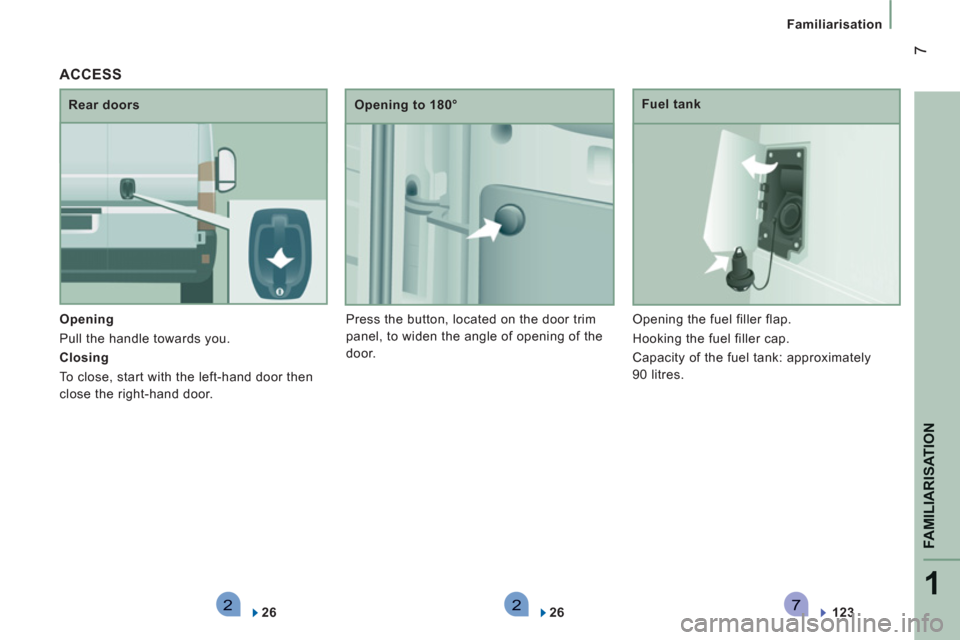 Peugeot Boxer 2012  Owners Manual - RHD (UK, Australia) 2271
FAMILIARISATION
7
Familiarisation
   
Opening  
  Pull the handle towards you. 
   
Closing  
  To close, start with the left-hand door then 
close the right-hand door.    
Rear doors    
Opening