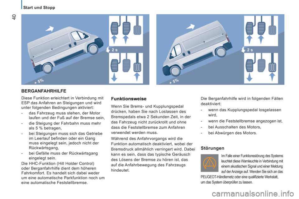 Peugeot Boxer 2012  Betriebsanleitung (in German)    
 
Start und Stopp  
 
40
 
BERGANFAHRHILFE 
 
Diese Funktion erleichtert in Verbindung mit 
ESP das Anfahren an Steigungen und wird 
unter folgenden Bedingungen aktiviert: 
   
 
-   das Fahrzeug 