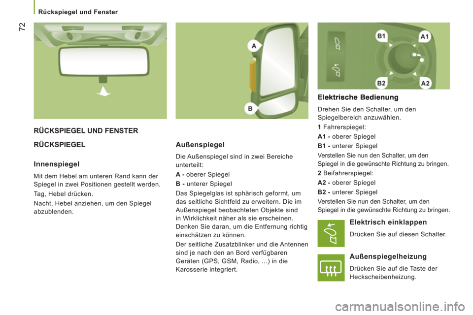 Peugeot Boxer 2012  Betriebsanleitung (in German)    
 
Rückspiegel und Fenster 
72
 
RÜCKSPIEGEL UND FENSTER 
  RÜCKSPIEGEL
Außenspiegel 
 
Die Außenspiegel sind in zwei Bereiche 
unterteilt: 
   
A - 
 oberer Spiegel 
   
B - 
 unterer Spiegel