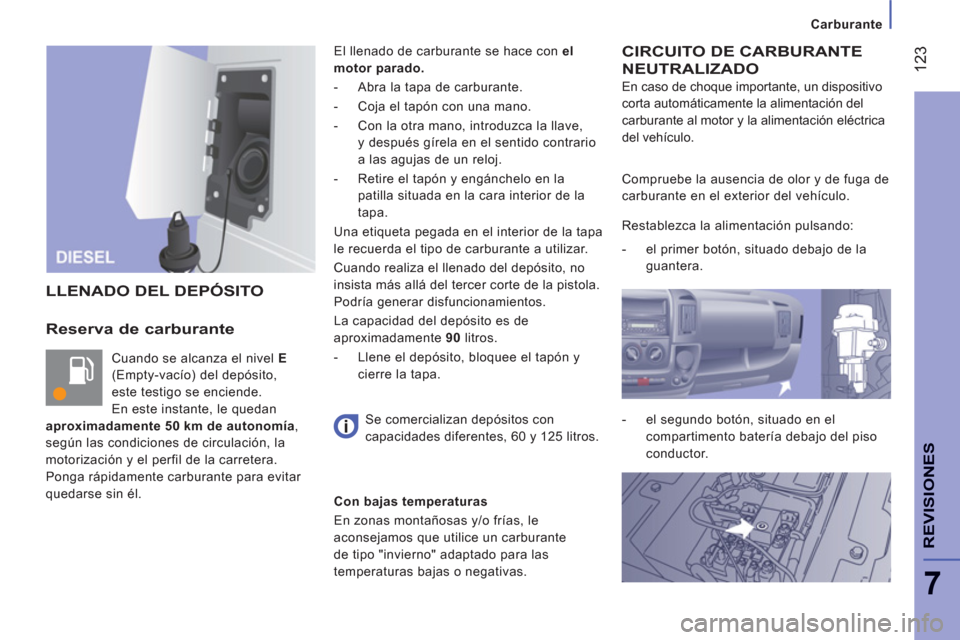 Peugeot Boxer 2012  Manual del propietario (in Spanish) Carburante
12
3
7
REVISIONE
S
Reserva de carburante
  Cuando se alcanza el nivel  E  
(Empty-vacío) del depósito, 
este testigo se enciende. 
En este instante, le quedan 
  aproximadamente 50 km de 