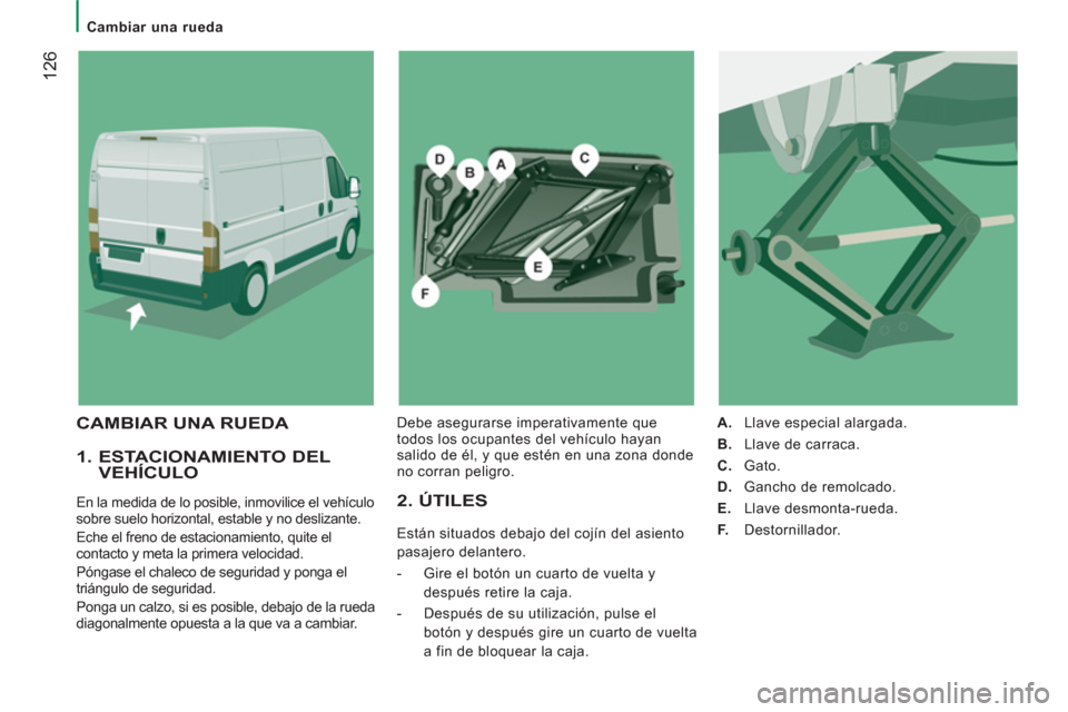 Peugeot Boxer 2012  Manual del propietario (in Spanish)    
 
Cambiar una rueda 
12
6
 
 
1.  ESTACIONAMIENTO DEL VEHÍCULO
 
En la medida de lo posible, inmovilice el vehículo 
sobre suelo horizontal, estable y no deslizante. 
  Eche el freno de estacion