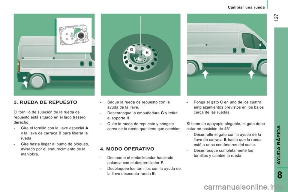 Peugeot Boxer 2012  Manual del propietario (in Spanish) Cambiar una rueda
12
7
AYUDA RÁPID
A
8
   
4. MODO OPERATIVO 
 
 
 
-   Desmonte el embellecedor haciendo 
palanca con el destornillador  F 
. 
   
-   Desbloquee los tornillos con la ayuda de 
la ll