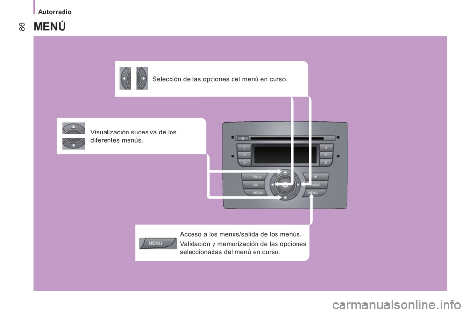 Peugeot Boxer 2012 Manual del propietario (in Spanish)
Autorradio
86
Acceso a los menús/salida de los menús.
Validación y memorización de las opciones
seleccionadas del menú en curso.
Visualización sucesiva de los
diferent Peugeot Boxer 2012 Manual del propietario (in Spanish)
Autorradio
86
Acceso a los menús/salida de los menús.
Validación y memorización de las opciones
seleccionadas del menú en curso.
Visualización sucesiva de los
diferent