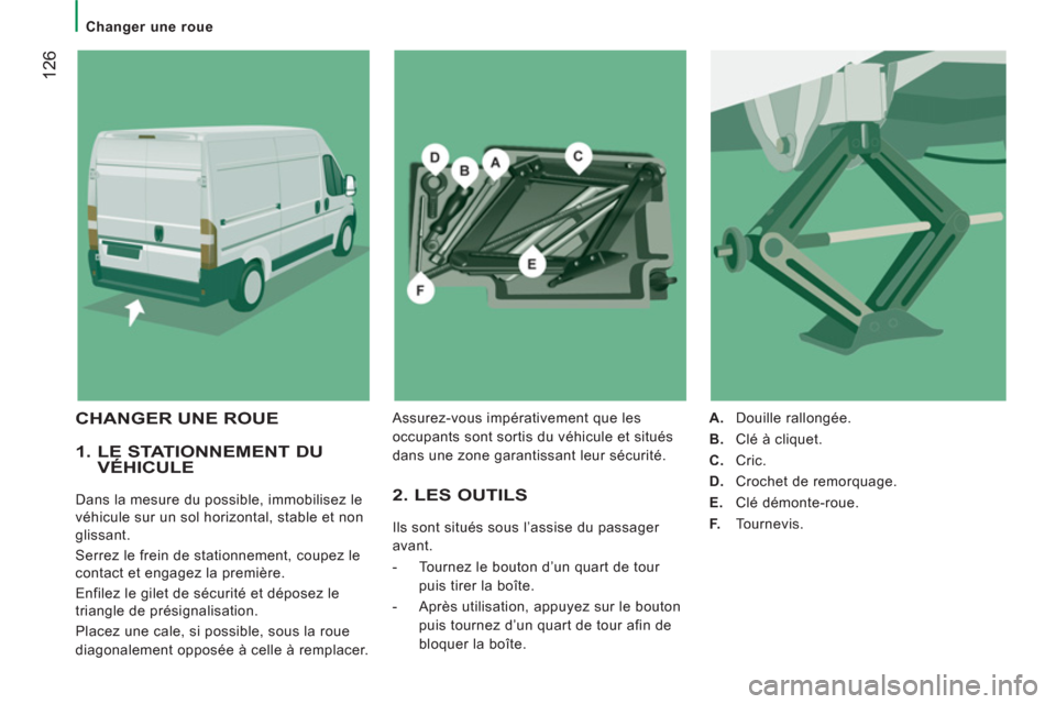 Peugeot Boxer 2012  Manuel du propriétaire (in French) 12
6
   
 
Changer une roue 
 
 
1.  LE STATIONNEMENT DU VÉHICULE
 
Dans la mesure du possible, immobilisez le 
véhicule sur un sol horizontal, stable et non
glissant.
 
Serrez le frein de stationne