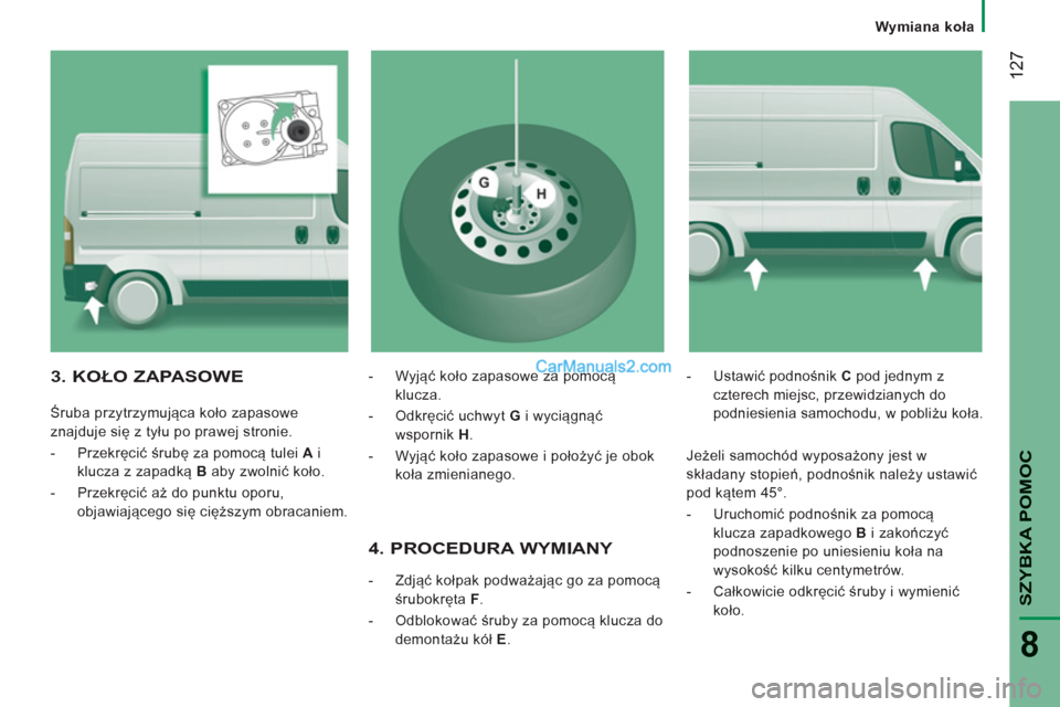 Peugeot Boxer 2012  Instrukcja Obsługi (in Polish)    
 
Wymiana koła
12
7
SZYBKA POMO
C
8
 
 
4. PROCEDURA WYMIANY 
 
 
 
-  Zdjąć kołpak podważając go za pomocą 
śrubokręta   
 
F 
. 
   
-  Odblokować śruby za pomocą klucza do 
demonta