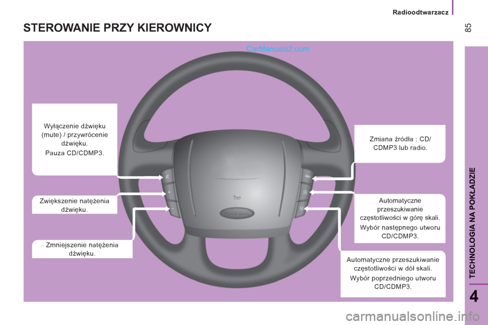 Peugeot Boxer 2012  Instrukcja Obsługi (in Polish) Radioodtwarzacz
85
4
TECHNOLOGIA NA POKŁADZI
E
STEROWANIE PRZY KIEROWNICY 
 
 
 
 
 
 
 
Zmiana źródła : CD/
CDMP3 lub radio.  
   
Automatyczne 
przeszukiwanie 
częstotliwości w górę skali. 
