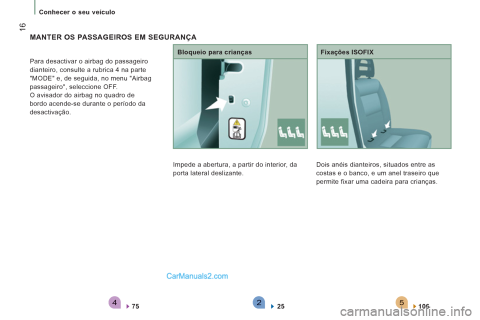Peugeot Boxer 2012  Manual do proprietário (in Portuguese) 542
16
Conhecer o seu veículo
  Dois anéis dianteiros, situados entre as 
costas e o banco, e um anel traseiro que 
permite fixar uma cadeira para crianças.    
Fixações ISOFIX 
   
106  
 
 
 
 