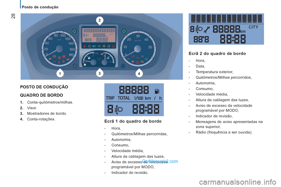 Peugeot Boxer 2012  Manual do proprietário (in Portuguese)    
 
Posto de condução  
 
28
 
QUADRO DE BORDO 
 
 
 
1. 
 Conta-quilómetros/milhas. 
   
2. 
 Visor. 
   
3. 
  Mostradores de bordo. 
   
4. 
 Conta-rotações.  
 
POSTO DE CONDUÇÃO
Ecrã 1 