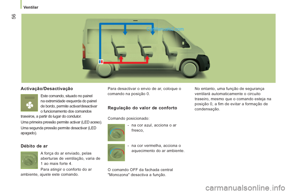 Peugeot Boxer 2012  Manual do proprietário (in Portuguese)    
 Ventilar 
56
 
 
Activação/Desactivação 
 Este comando, situado no painel 
na extremidade esquerda do painel 
de bordo, permite activar/desactivar 
o funcionamento dos comandos 
traseiros, a 