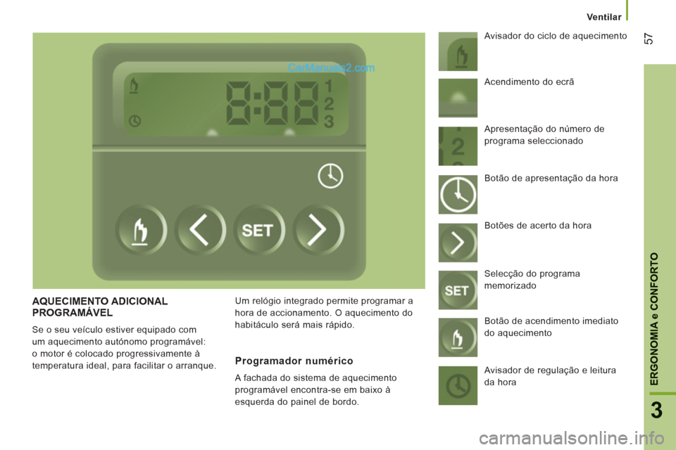 Peugeot Boxer 2012  Manual do proprietário (in Portuguese) Ventilar
57
3
ERGONOMI
A e CONFORTOAQUECIMENTO ADICIONALPROGRAMÁVEL 
  Se o seu veículo estiver equipado com 
um aquecimento autónomo programável: 
o motor é colocado progressivamente à 
tempera