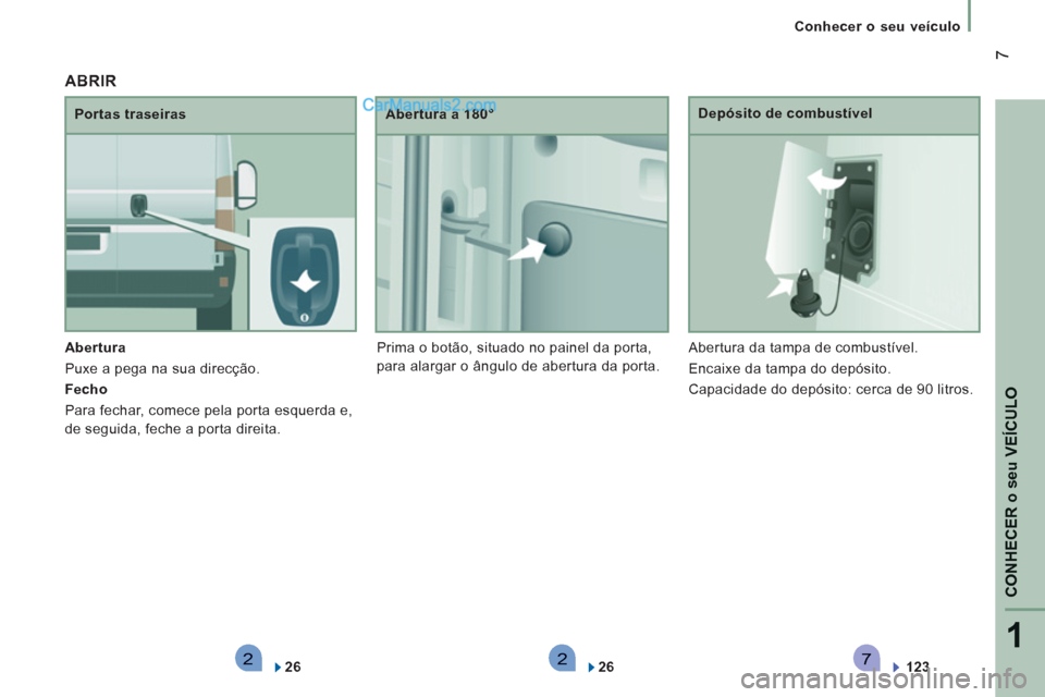 Peugeot Boxer 2012  Manual do proprietário (in Portuguese) 2271
CONHECER
o se
u VEÍCULO
7
   
 
Conhecer o seu veículo
   
Abertura  
  Puxe a pega na sua direcção. 
   
Fecho  
  Para fechar, comece pela porta esquerda e, 
de seguida, feche a porta direi