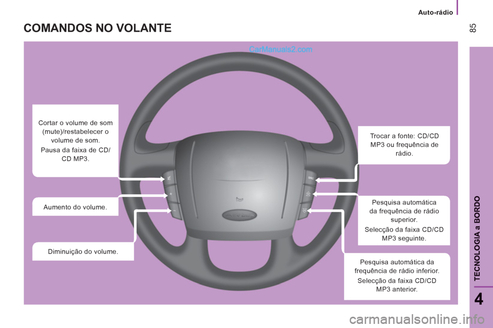 Peugeot Boxer 2012  Manual do proprietário (in Portuguese)    
 
Auto-rádio
85
4
TECNOLOGI
A a BORD
O
COMANDOS NO VOLANTE
 
 
 
 
 
 
 
 
Trocar a fonte: CD/CD 
MP3 ou frequência de 
rádio.  
   
Pesquisa automática 
da frequência de rádio 
superior. 
 