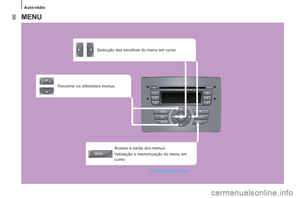 Peugeot Boxer 2012  Manual do proprietário (in Portuguese) Auto-rádio
86
   
Acesso e saída dos menus. 
  Validação e memorização do menu em 
curso.  
     
Percorrer os diferentes menus.      
 
Selecção das escolhas do menu em curso.  
 
MENU  