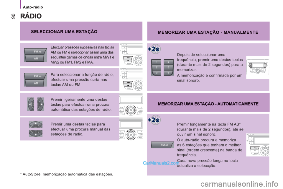 Peugeot Boxer 2012 Manual do proprietário (in Portuguese) Auto-rádio
90
SELECCIONAR UMA ESTAÇÃO MEMORIZAR UMA ESTAÇÃO - MANUALMENTE
Depois de seleccionar uma
frequência, premir uma destas teclas
(durante mais de 2 segundos) para a
memorizar. Peugeot Boxer 2012 Manual do proprietário (in Portuguese) Auto-rádio
90
SELECCIONAR UMA ESTAÇÃO MEMORIZAR UMA ESTAÇÃO - MANUALMENTE
Depois de seleccionar uma
frequência, premir uma destas teclas
(durante mais de 2 segundos) para a
memorizar.