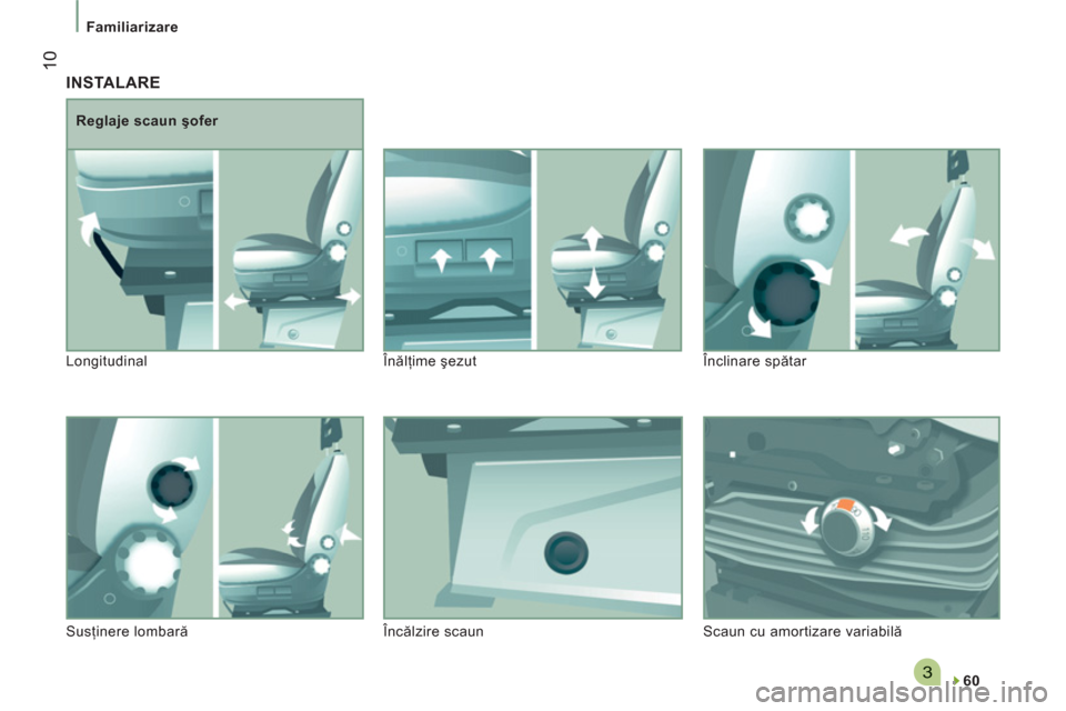Peugeot Boxer 2012  Manualul de utilizare (in Romanian) 3
10
   
 
Familiarizare 
 
INSTALARE
 
 
60  
 
     
Reglaje scaun şofer 
  Longitudinal  Înălţime şezut  Înclinare spătar 
  Susţinere lombară  Încălzire scaun   Scaun cu amortizare vari