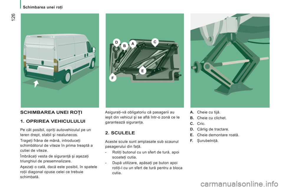 Peugeot Boxer 2012 Manualul de utilizare (in Romanian)
Schimbarea unei roţi
12
6
1. OPRIREA VEHICULULUI
Pe cât posibil, opriţi autovehiculul pe un
teren drept, stabil şi nealunecos.
Trageţi frâna de mână, introduceţi
schimbă Peugeot Boxer 2012 Manualul de utilizare (in Romanian)
Schimbarea unei roţi
12
6
1. OPRIREA VEHICULULUI
Pe cât posibil, opriţi autovehiculul pe un
teren drept, stabil şi nealunecos.
Trageţi frâna de mână, introduceţi
schimbă