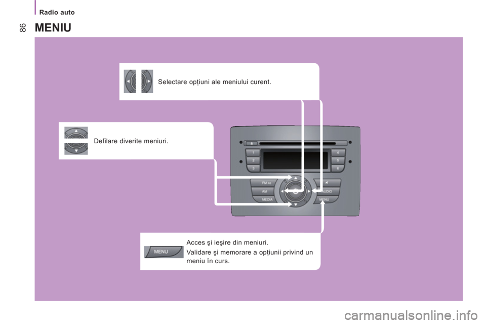 Peugeot Boxer 2012 Manualul de utilizare (in Romanian) Radio auto
86
Acces şi ieşire din meniuri.
Validare şi memorare a opţiunii privind un
meniu în curs.
Defilare diverite meniuri.
Selectare opţiuni ale meniului curent.
Peugeot Boxer 2012 Manualul de utilizare (in Romanian) Radio auto
86
Acces şi ieşire din meniuri.
Validare şi memorare a opţiunii privind un
meniu în curs.
Defilare diverite meniuri.
Selectare opţiuni ale meniului curent.