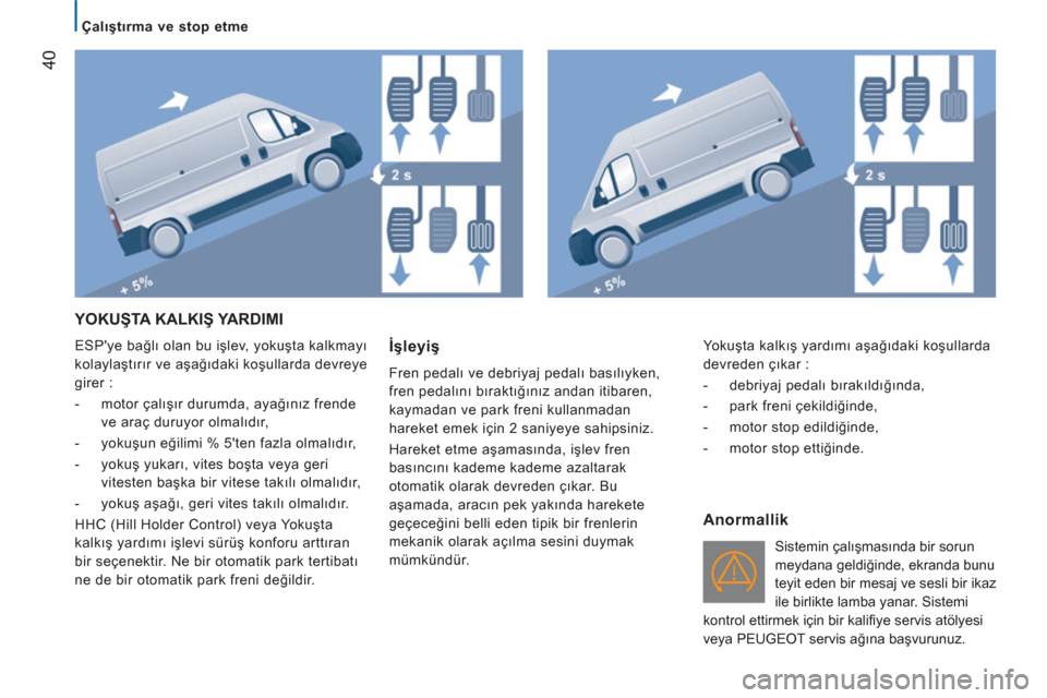 Peugeot Boxer 2012  Kullanım Kılavuzu (in Turkish)    
 Çalıştırma ve stop etme  
 
40
 YOKUŞTA KALKIŞ YARDIMI
 
ESPye bağlı olan bu işlev, yokuşta kalkmayı 
kolaylaştırır ve aşağıdaki koşullarda devreye 
girer : 
   
 
-  motor ça