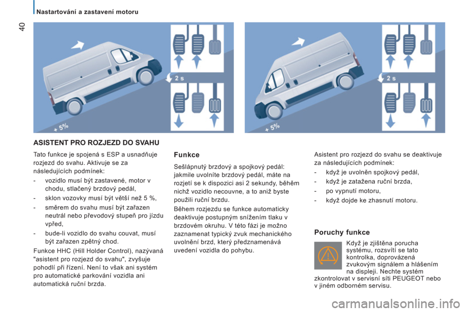 Peugeot Boxer 2012  Návod k obsluze (in Czech)    
 
Nastartování a zastavení motoru 
40
 
ASISTENT PRO ROZJEZD DO SVAHU 
 
Tato funkce je spojená s ESP a usnadňuje 
rozjezd do svahu. Aktivuje se za 
následujících podmínek: 
   
 
-   voz